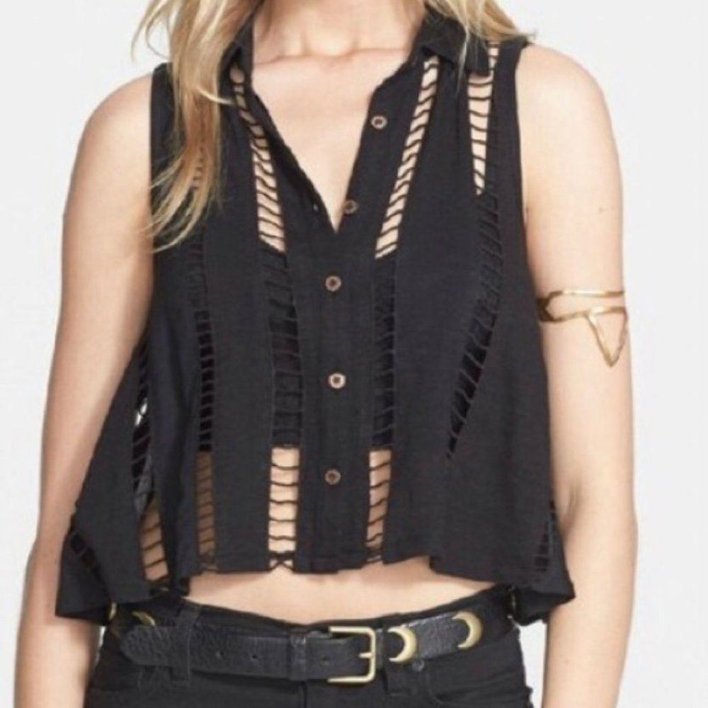FREE PEOPLE Dandy Button Front Top Crop Black M NWT
